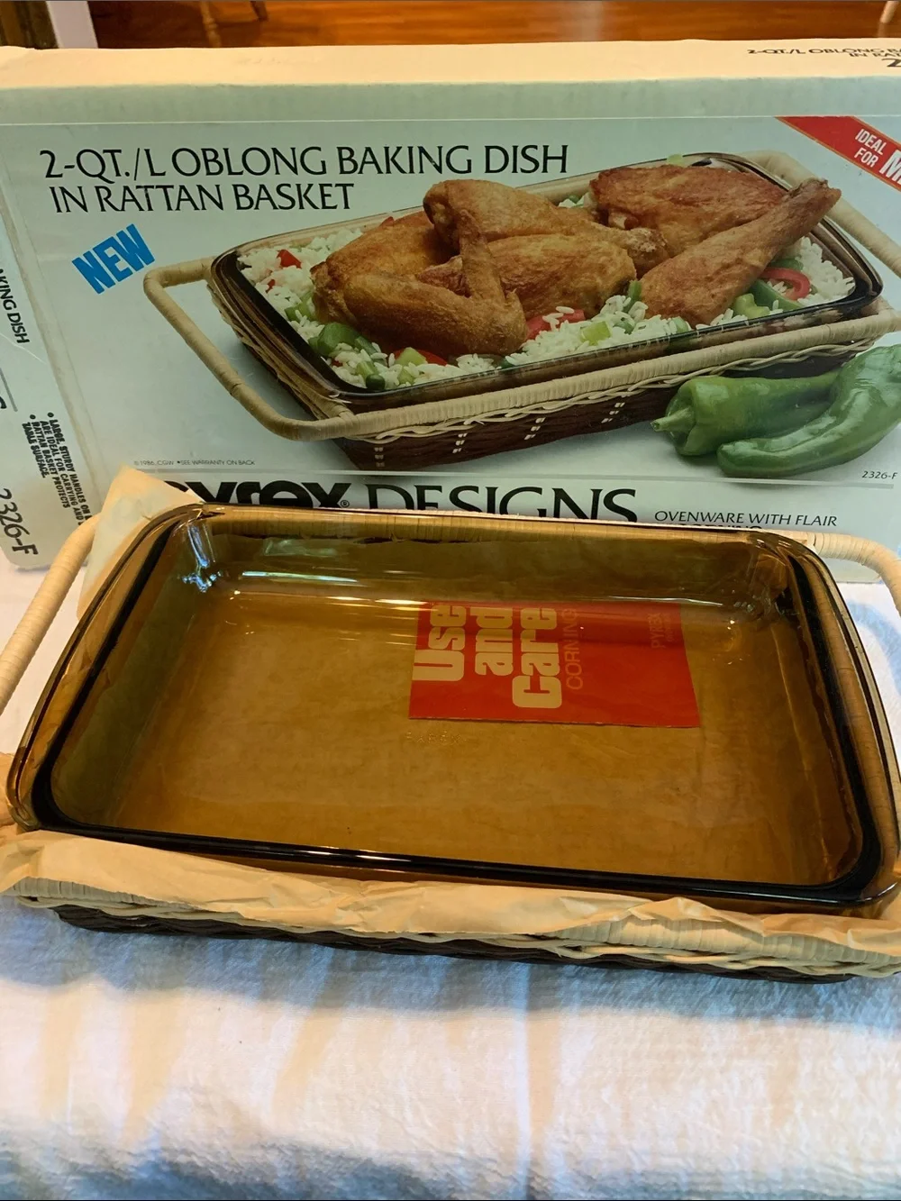 Pyrex 2 Qt Brown Oblong Vintage Baking Dish with Rattan-Style Basket NEW 2326-F